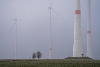 Wind farm in fog, dark doldrums, no wind no direct sunlight, in the Rhenish lignite mining area,