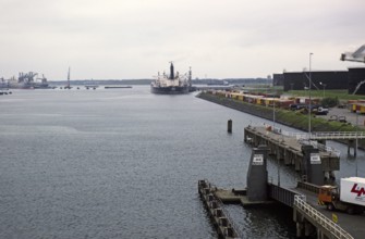 Quay of the North Sea ferry terminal, harbour of Rotterdam, Netherlands, around 1987