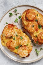 Sandwiches with shrimp and cheese, baked in the oven, with microgreens, breakfast, homemade, no