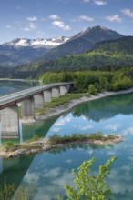 Bridge over the Sylvensteinsee in spring, Bavaria, Germany, Europe