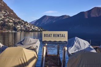 Boat hire, lake, mountains, blue sky, Lake Lugano, Lugano, district of Lugano, canton of Ticino,