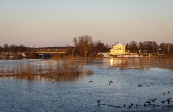 Wesel, North Rhine-Westphalia, Germany - Sunny winter landscape in the Ruhr area, ice and snow on