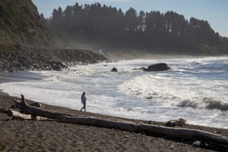 Crescent City, California - A woman walks on the beach of the Pacific Ocean in northern California