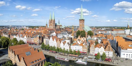 Lübeck old town with river Trave aerial view panorama in the Hanseatic city of Lübeck, Germany,