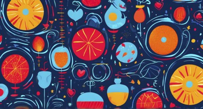 Abstract illustration features a seamless pattern of whimsical hand-drawn shapes and icons in