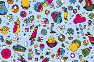 Abstract illustration features a seamless pattern of whimsical hand-drawn shapes and icons in