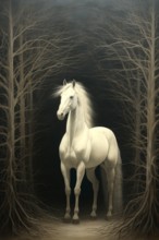 White horse in an imaginary forest, 19th century style, AI generated