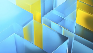 Translucent geometric shapes create depth with sharp angles and smooth transitions, yellow and blue