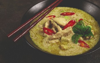 Green curry with chicken, traditional Thai cuisine, Asian food, homemade, no people