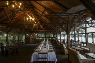 Restaurant at Doli Lodge on the Sangha River, blue hour, Bayanga, Sangha-Mbaéré Prefecture, Central