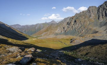 Autumnal high valley in atmospheric light, Keldike Valley on the way to the Ala Kul Pass, Tien Shan