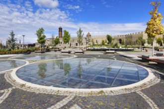 Reflections in the glass grounded Kale city park and Erzurum byzantine castle, Anatolia, Turkey,