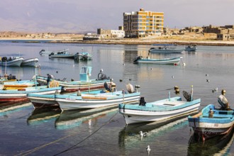 Fishing boats anchored in the harbour of Mirbat, Dhofar Province, Arabian Peninsula, Sultanate of