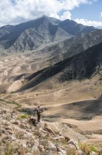 Traditional Kyrgyz eagle hunter hunting in the mountains in a dry landscape, near Kysyl-Suu, Issyk