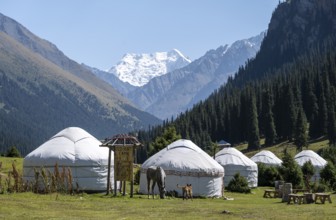 Yurts in the mountain valley near Altyn Arashan, Kyrgyzstan, Asia