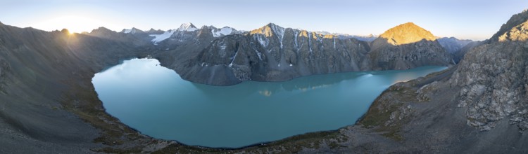 Mountain panorama, aerial view, 4000 metre peak with glacier, mountain pass and mountain lake