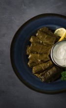 Dolma, cabbage rolls, grape leaves with filling, white sauce, lemon and herbs, rustic, selective