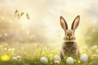 Easter bunny with Easter eggs in spring flowers greeting card with text free space Copyspace in