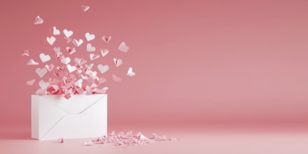 Valentine's Day love letter with envelope and flying hearts on pink background banner generated