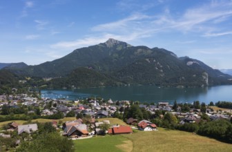 Drone image, Sankt Gilgen am Wolfgangsee with Schafberg, Osterhorn group, Salzkammergut, Salzburg