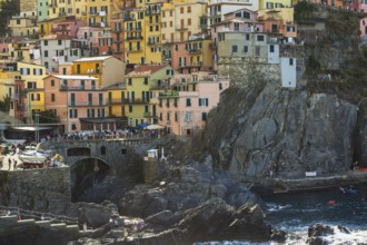 Colourful multi storied stucco cladded residentialapartment buildings in Manarola village, Cinque