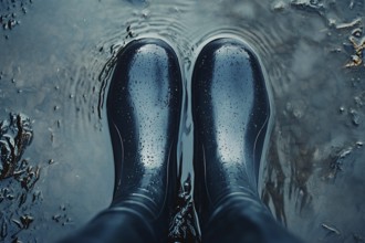 Top view of person's feet in rubber boots standing in flood water. Generative AI, AI generated