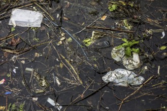 Plastic rubbish and other non-degradable waste in water of canal