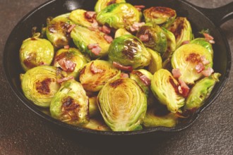 Roasted brussels sprouts, with bacon, vegetarian food, homemade, no people