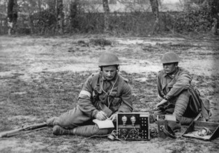 WWI British Royal Engineers of the Signal Company operating trench radio for wireless radio