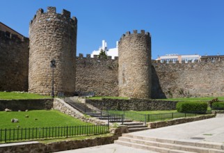 An old castle with massive stone walls and towers surrounded by greenery on a sunny day, city