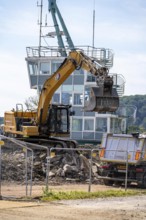 Demolition of the regatta grandstand at Lake Baldeney, in Essen, regatta tower remains standing,