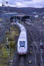 The main railway station of Hagen, station halls, tracks, platforms, ICE train, Hagen, North