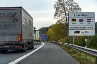 Sign for the lorry toll, on the A40 motorway, shortly after the German-Dutch border near