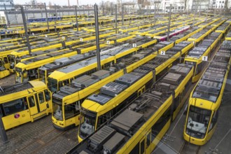 Warning strikes in local public transport, Ruhrbahn trams at the depot, VERDI union members on