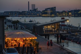 Summer evening in Copenhagen, at the harbour, Islands Brygge, people celebrating, eating, drinking,