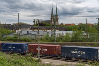 Railway line in Oberhausen, goods train, with freight containers, North Rhine-Westphalia, Germany,