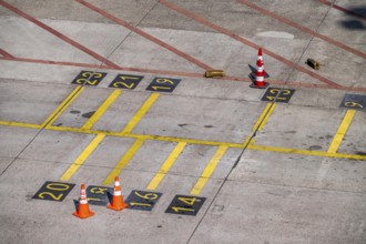 Park markings on the ground, at the terminal, in front of the passenger boarding bridge, holding