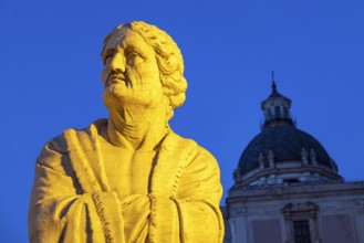 Statue close-up by night, Praetorian Fountain or Fontana Pretoria, Palermo, Sicily, Italy, Europe