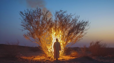 Moses looking at the burning bush. Bible stories and miracles, god manifestation, AI generated