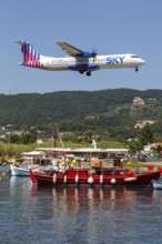 An ATR 72-600 Sky Express aircraft with the registration SX-SVT at Skiathos Airport, Greece, Europe