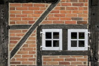 Half-timbered structure of a historic watermill, window, Asbeck, Legden, Münsterland, North