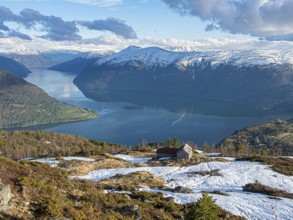 View over the Sognefjord in early spring, half way up to Mt. Molden, Norway, Europe