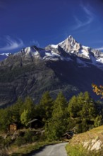 The Bietschhorn near Visperterminen, Swiss Alps, mountain, church, church tower, village, mountain