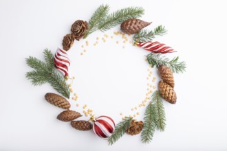 Christmas or New Year wreath composition. Decorations, balls, cones, fir and spruce branches, on