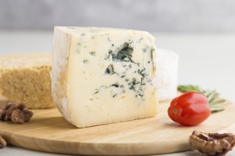 Blue cheese and various types of cheese with rosemary and tomatoes on wooden board on a white