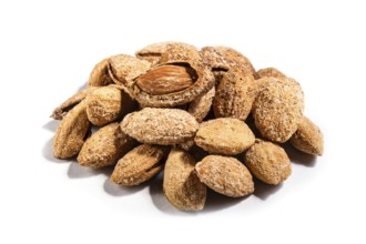 Pile of sweet almond nut with shell and salt isolated on white background. Closeup