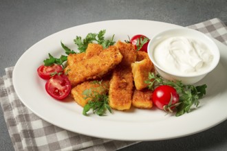 Fried fish nuggets, with white sauce, arugula and cherry, no people