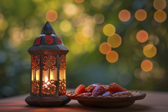 Ramadan lantern with a plate of succulent figs on bokeh background, set on an ornate table with