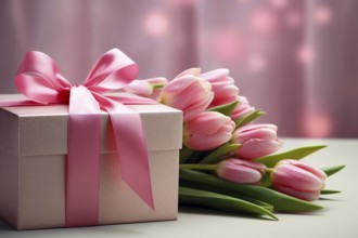 Gift Box with Pink Ribbon Beside bouquet of Fresh Tulips on Bokeh Background. Good for Valentine