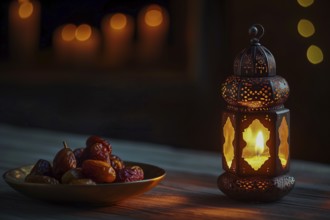 Ramadan lantern with a plate of succulent figs on dark background, set on an ornate table with